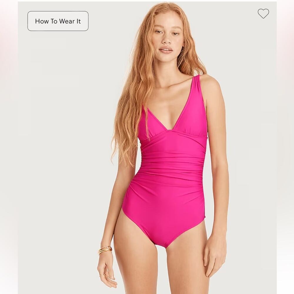 J. Crew Long Torso Ruched V neck one piece Swimsuit Size 14 Radiant Fuchsia NWT